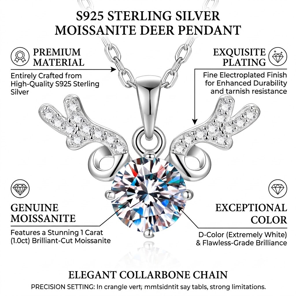 Forest Spirit – 1 Carat Moissanite Reindeer Necklace (S925 Silver)