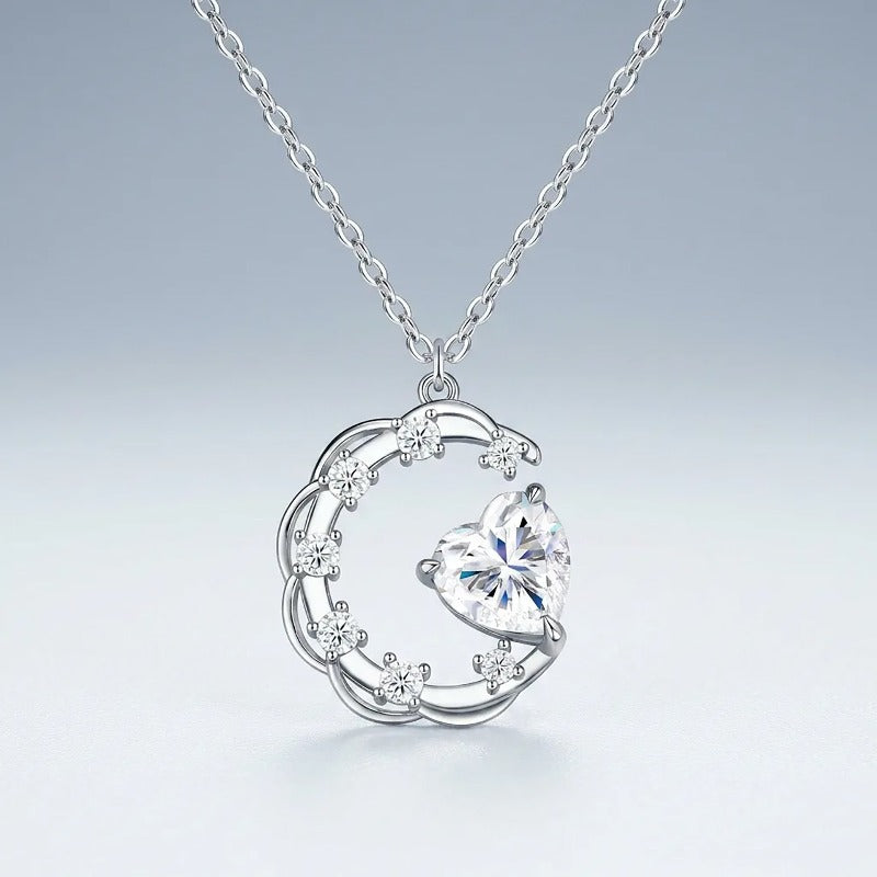 Premium Heart & Crescent Moon Moissanite Necklace, S925 Silver