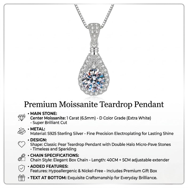 The Sovereign Tear – 1ct D-Color Moissanite Double Halo Pendant