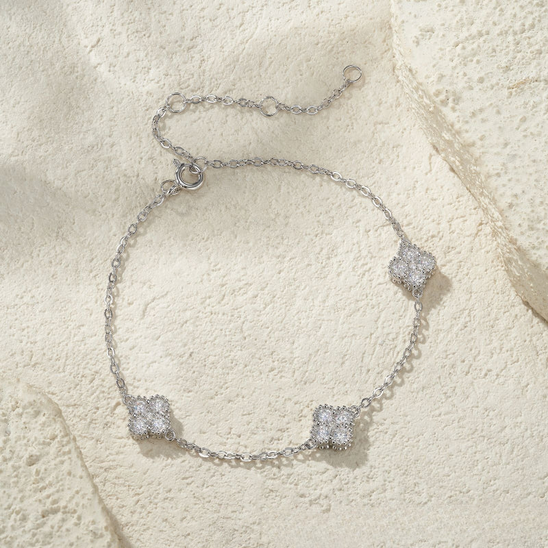 Eternal Clover Moissanite Bracelet in S925 Sterling Silver – 15-Stone Radiant Luck Wristlet (16cm+5cm)