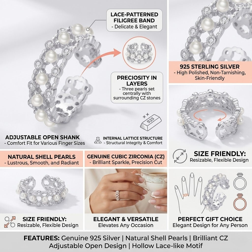 【Weaving Love】925 Sterling Silver Lace Hollow Shell Pearl Ring - Adjustable