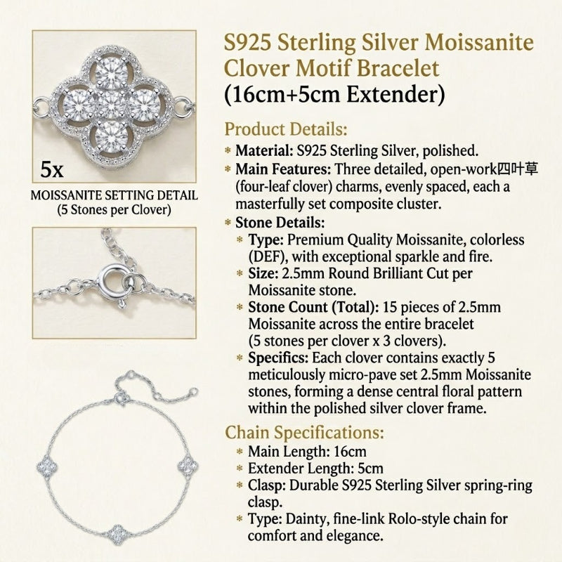 Eternal Clover Moissanite Bracelet in S925 Sterling Silver – 15-Stone Radiant Luck Wristlet (16cm+5cm)