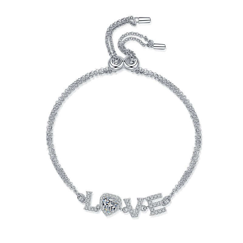 Elegant "LOVE" Heart Moissanite Adjustable Slider Bracelet, 925 Sterling Silver Luxury Romance Fine Jewelry Gift