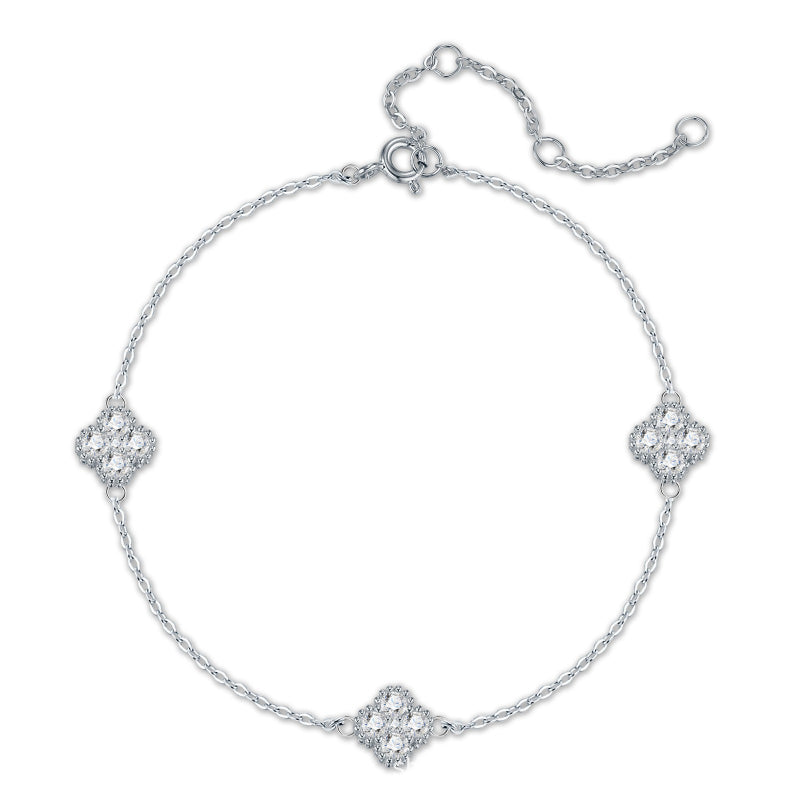 Eternal Clover Moissanite Bracelet in S925 Sterling Silver – 15-Stone Radiant Luck Wristlet (16cm+5cm)