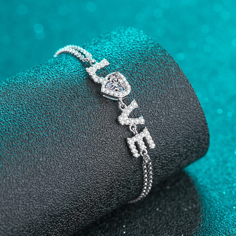 Elegant "LOVE" Heart Moissanite Adjustable Slider Bracelet, 925 Sterling Silver Luxury Romance Fine Jewelry Gift
