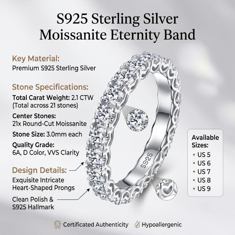Amour Heart-Pronged Moissanite Eternity Ring | S925 Silver 2.1CTW Wedding Band