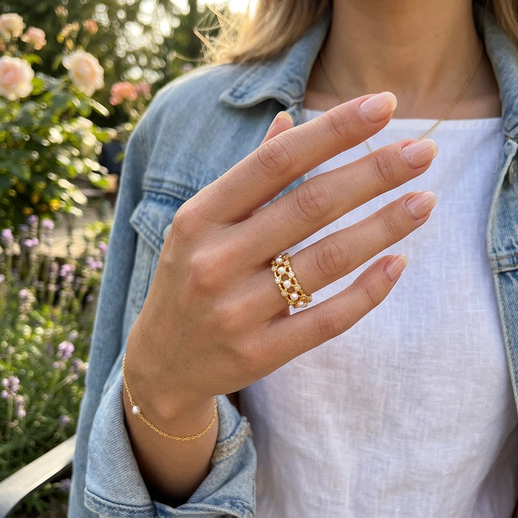 【Weaving Love】925 Sterling Silver Lace Hollow Shell Pearl Ring - Adjustable