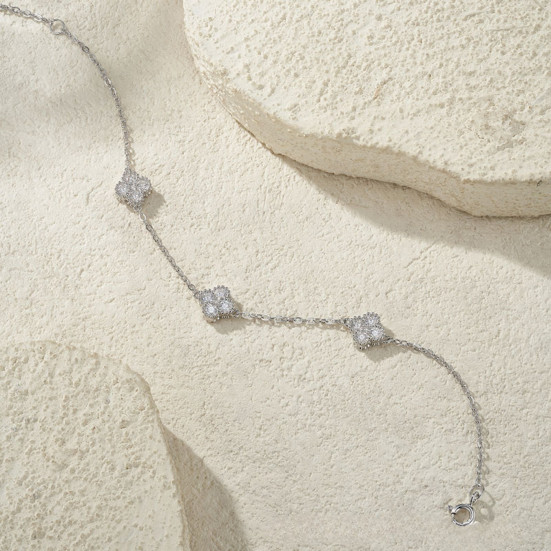 Eternal Clover Moissanite Bracelet in S925 Sterling Silver – 15-Stone Radiant Luck Wristlet (16cm+5cm)
