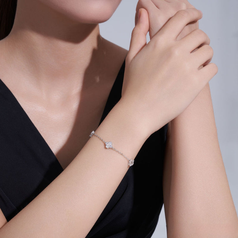 Eternal Clover Moissanite Bracelet in S925 Sterling Silver – 15-Stone Radiant Luck Wristlet (16cm+5cm)