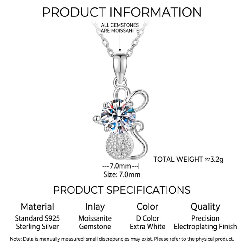 D Color Brilliant-Cut Moissanite "Lucky Mouse" Necklace