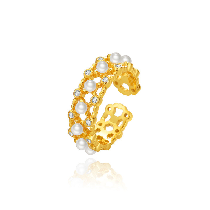 【Weaving Love】925 Sterling Silver Lace Hollow Shell Pearl Ring - Adjustable