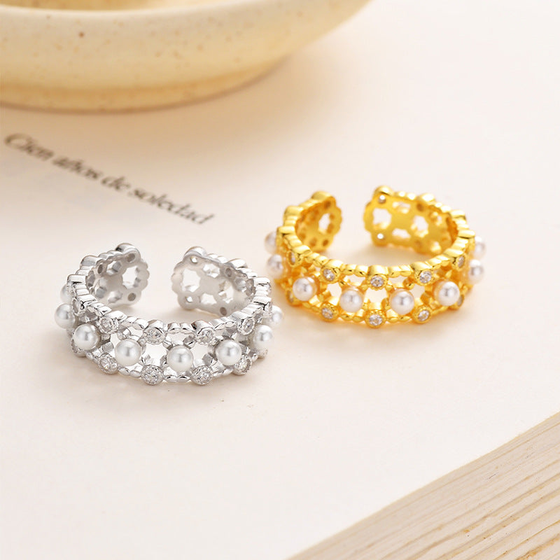 【Weaving Love】925 Sterling Silver Lace Hollow Shell Pearl Ring - Adjustable