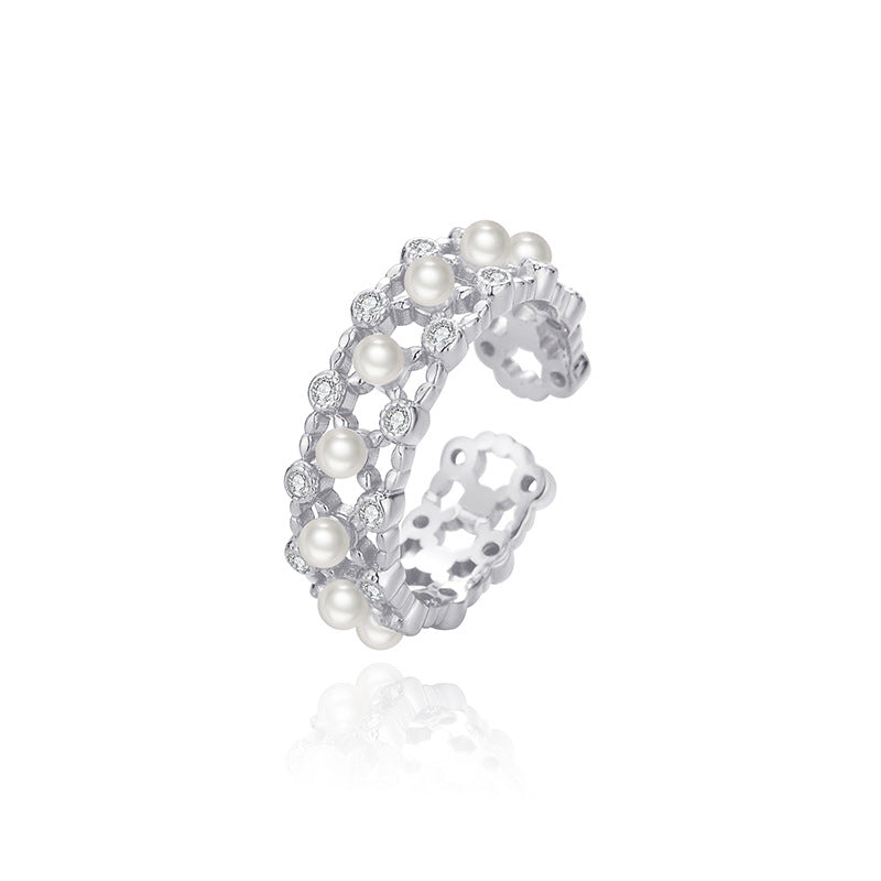 【Weaving Love】925 Sterling Silver Lace Hollow Shell Pearl Ring - Adjustable