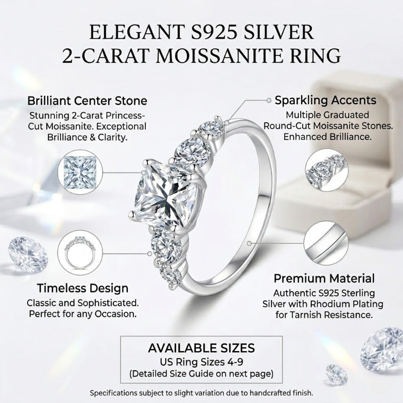 2-Carat Cushion Cut Moissanite Five-Stone Ring in S925 Sterling Silver