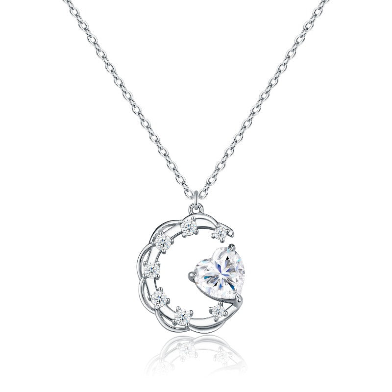 Premium Heart & Crescent Moon Moissanite Necklace, S925 Silver