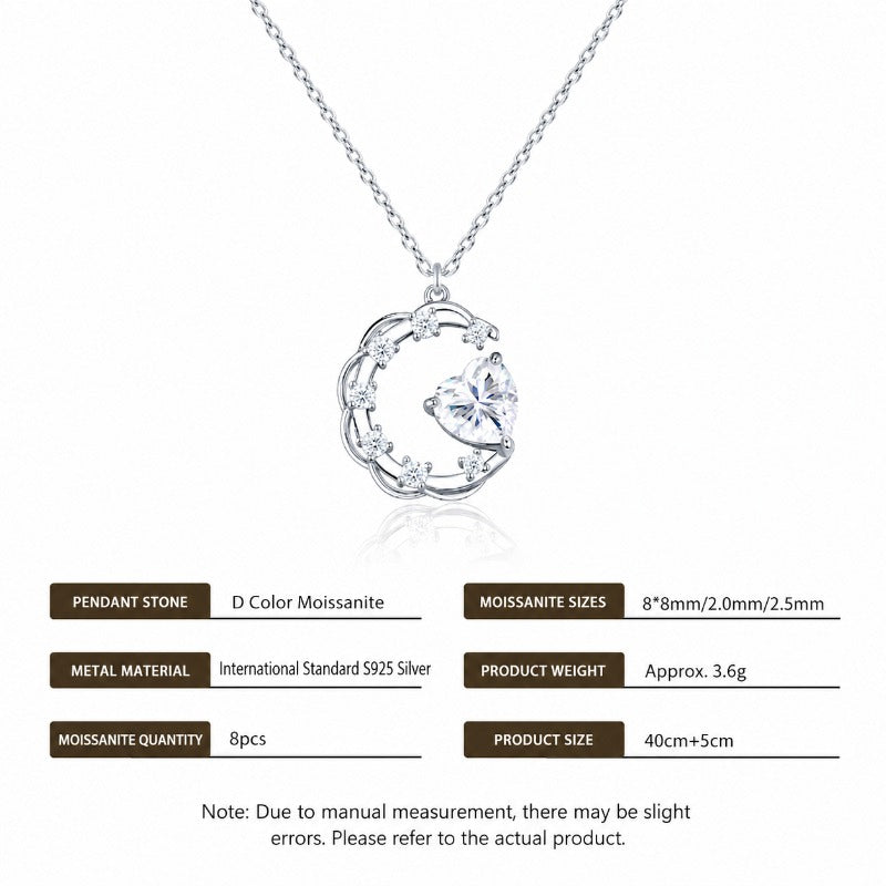 Premium Heart & Crescent Moon Moissanite Necklace, S925 Silver