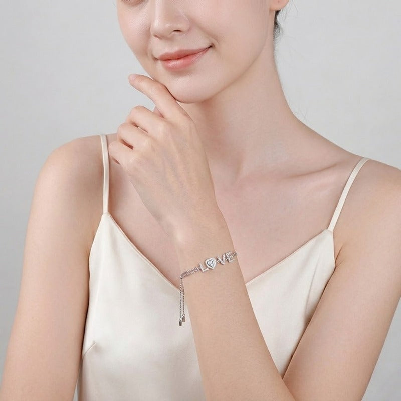 Elegant "LOVE" Heart Moissanite Adjustable Slider Bracelet, 925 Sterling Silver Luxury Romance Fine Jewelry Gift
