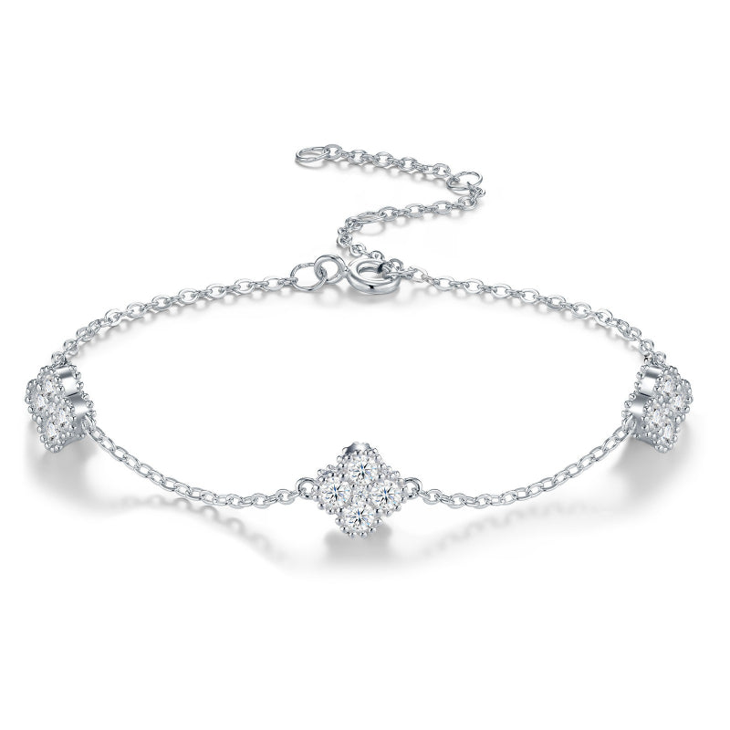 Eternal Clover Moissanite Bracelet in S925 Sterling Silver – 15-Stone Radiant Luck Wristlet (16cm+5cm)