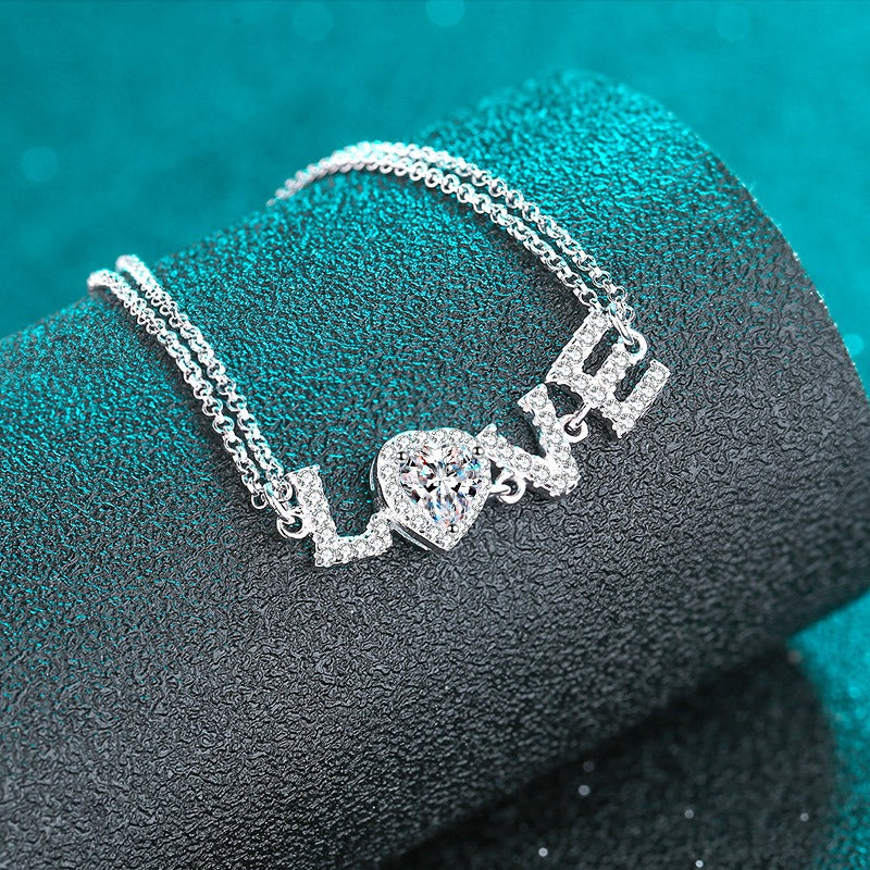 Elegant "LOVE" Heart Moissanite Adjustable Slider Bracelet, 925 Sterling Silver Luxury Romance Fine Jewelry Gift