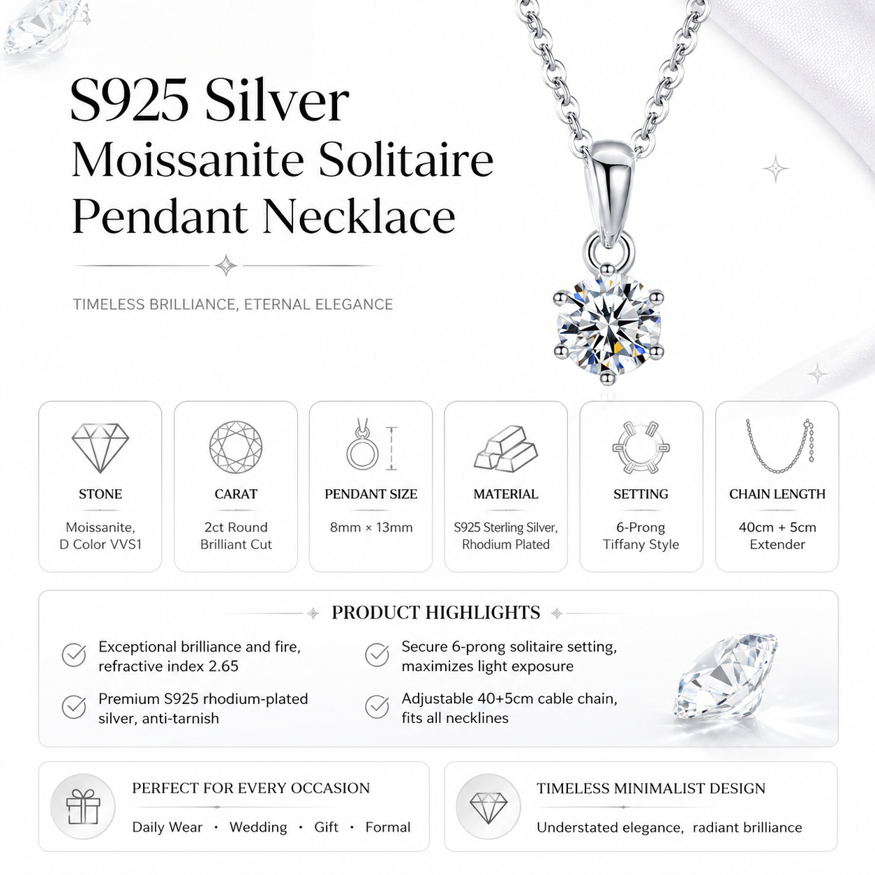 The Eternal Brilliance: S925 Silver 2ct Moissanite Solitaire Pendant Necklace